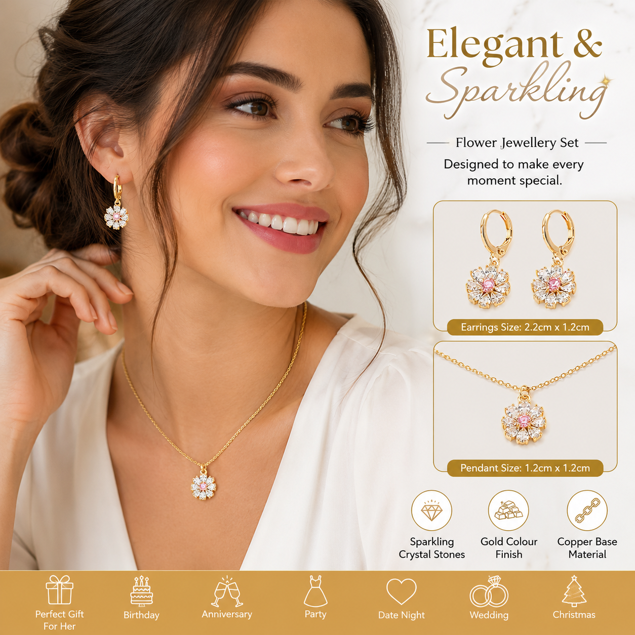 Flower Zircon Crystals Necklace and Huggies Earring Gold Tone 2 Pcs Jewellery Set