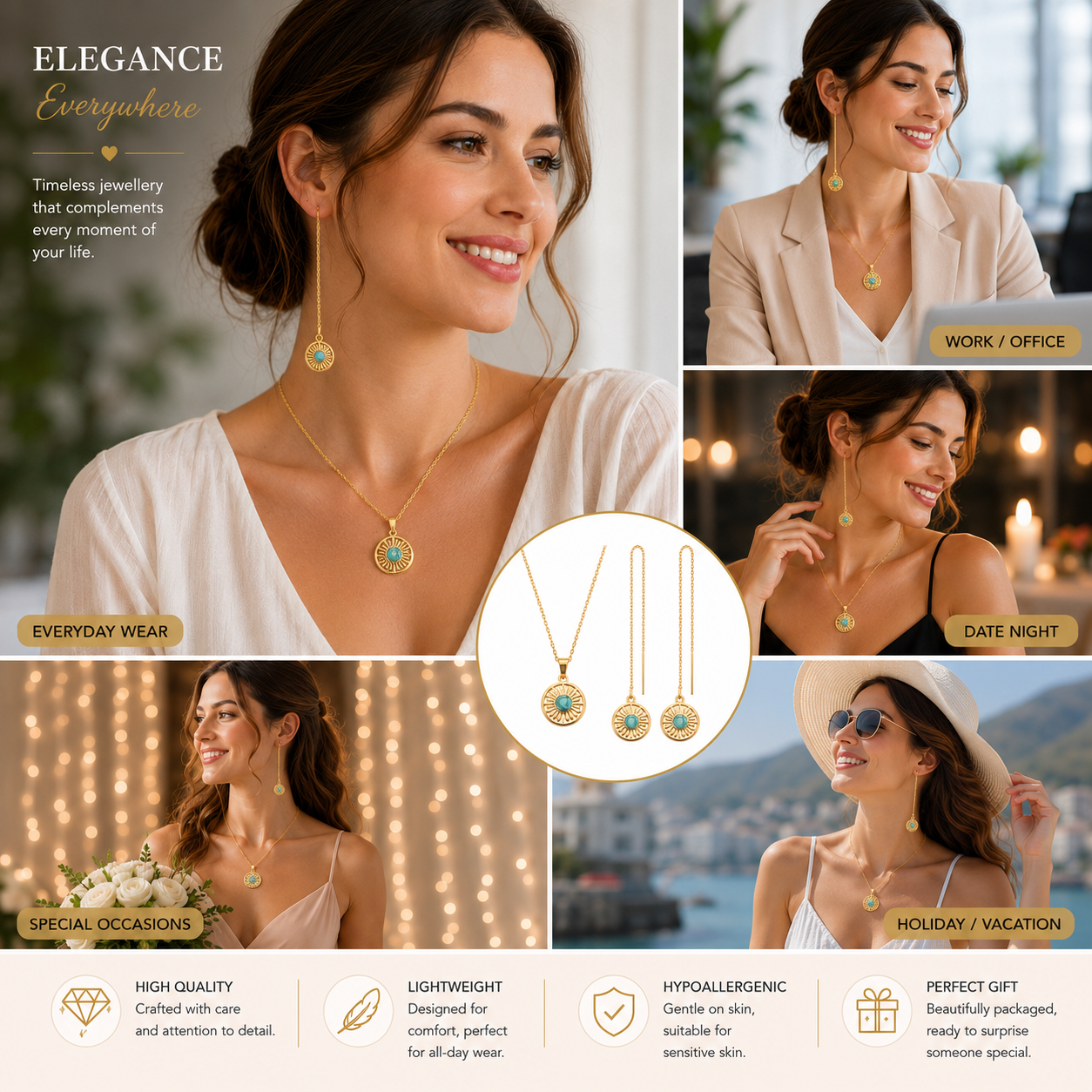Natural Turquoise Stone Gold Tone Round Necklace and Earrings Set
