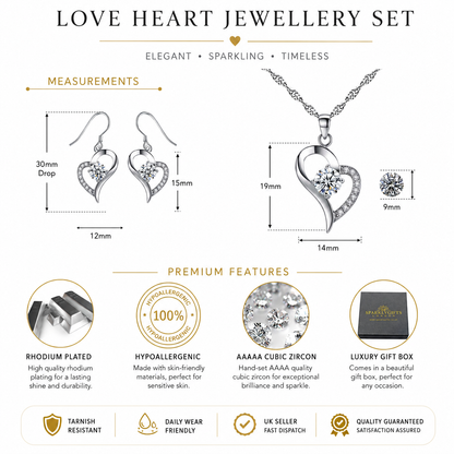 Heart Shaped Pendant Necklace & Earrings Jewellery Set with 5A* Cubic Zirconia Crystal