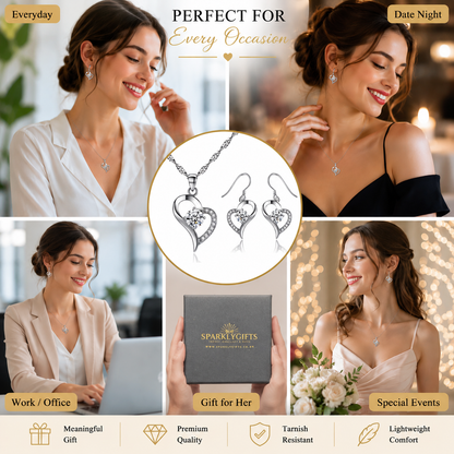 Heart Shaped Pendant Necklace & Earrings Jewellery Set with 5A* Cubic Zirconia Crystal