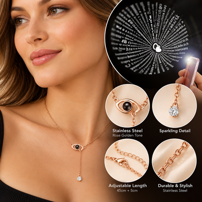 Evil Eye & Flower Clover Projection Necklace Rose Gold Tone Stainless Steel 100 Languages I Love You Memory Pendant