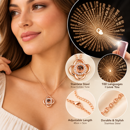Evil Eye & Flower Clover Projection Necklace Rose Gold Tone Stainless Steel 100 Languages I Love You Memory Pendant