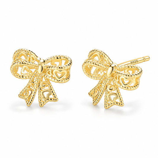 S925 Sterling Silver Ribbon Bow Stud Earrings 18K Yellow Gold Plated S925