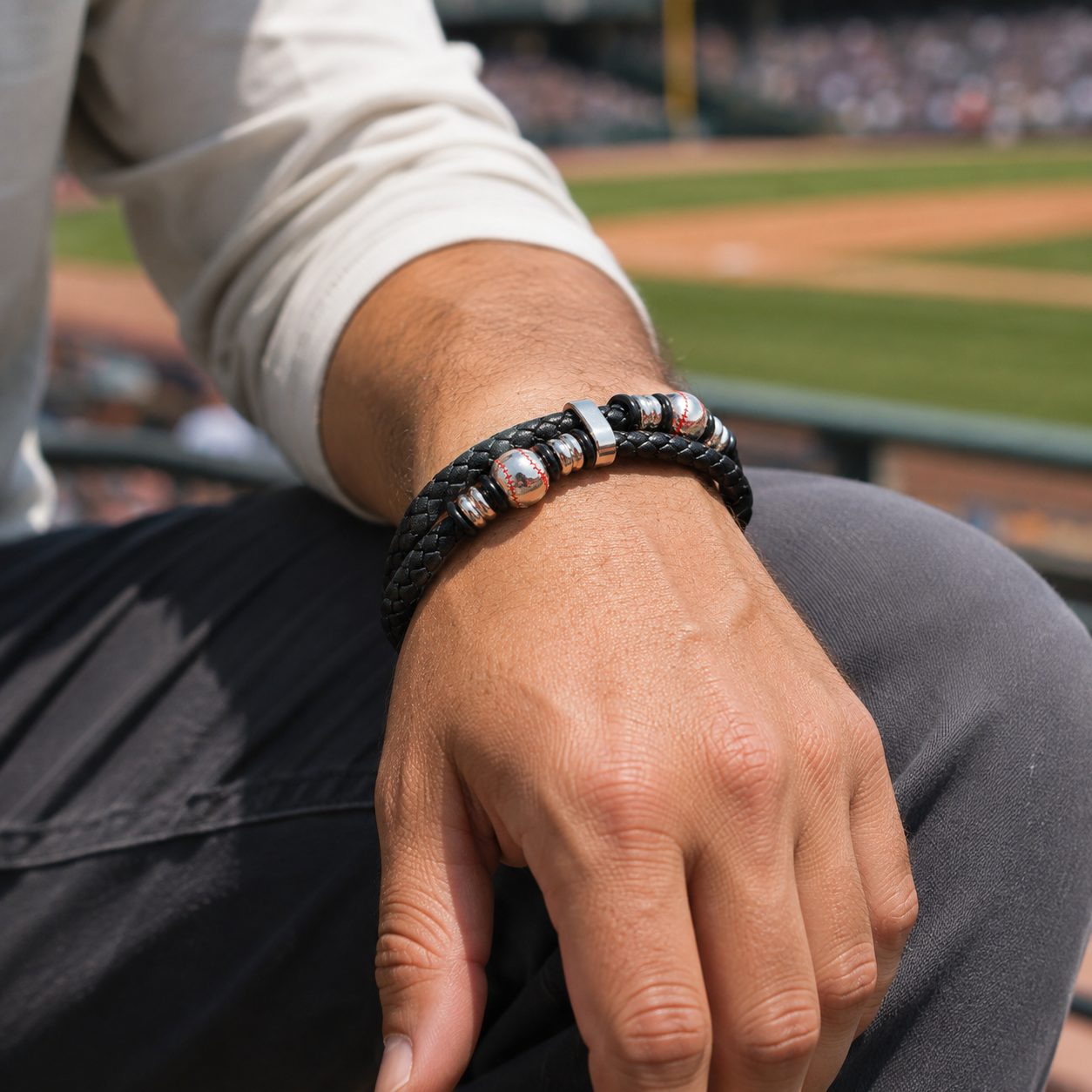 Stylish Men’s Black Leather Beads Bracelet In Baseball Pattern
