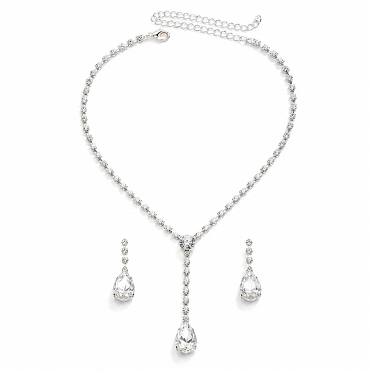 Sparkling Crystal Tear Drop Pendant Necklace and Earrings Set