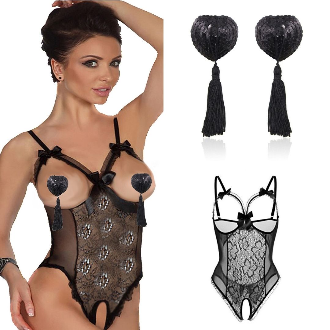 Nipple Tassels and Lace Open Bra Crotch Babydoll Bodysuit Lingerie Set