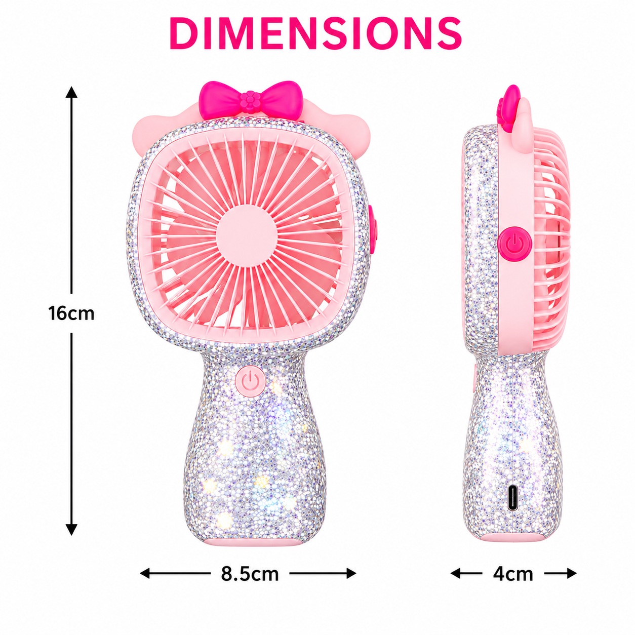 3-Speed Rechargeable Mini Fan with 6 LED Lights Sparkling Diamante Finish Portable Handheld Fan
