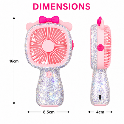 3-Speed Rechargeable Mini Fan with 6 LED Lights Sparkling Diamante Finish Portable Handheld Fan