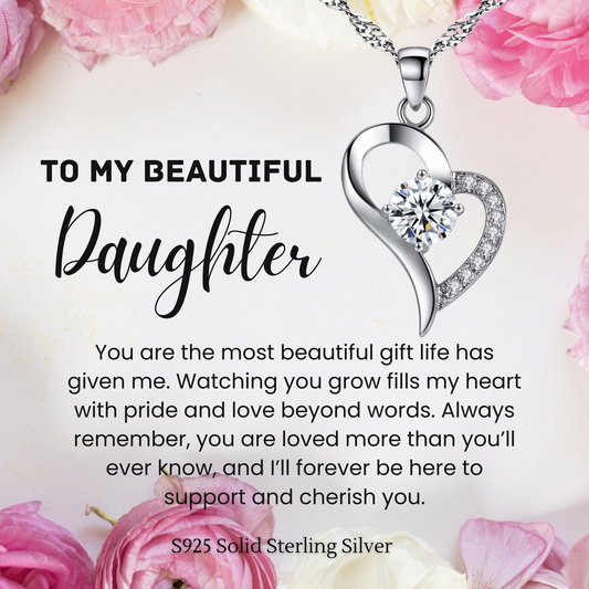 S925 Sterling Silver Heart C/Z Pendant Necklace with Message Card For Daughter