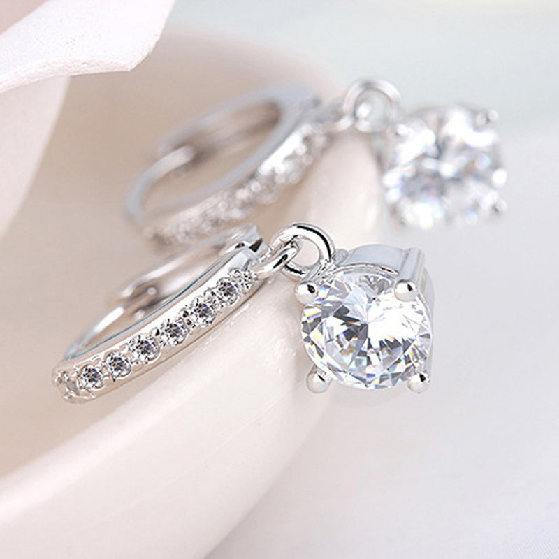2 In One Round Cut Solitaire Engagement Rings Stacking Band & Drop Earrings Set Jewellery Set