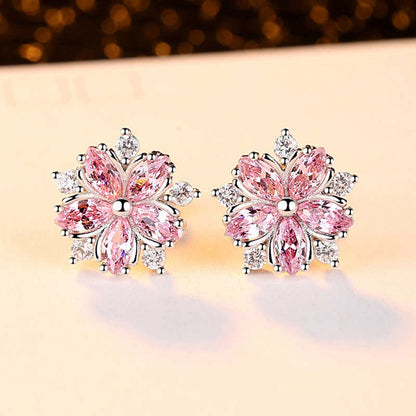 S925 Sterling Silver Pink Flower Stud Earrings