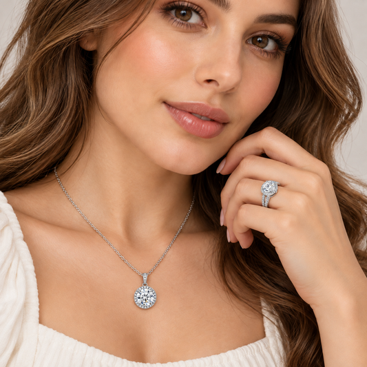 Round Cut Crystal Halo Pendant Necklace and Ring Set