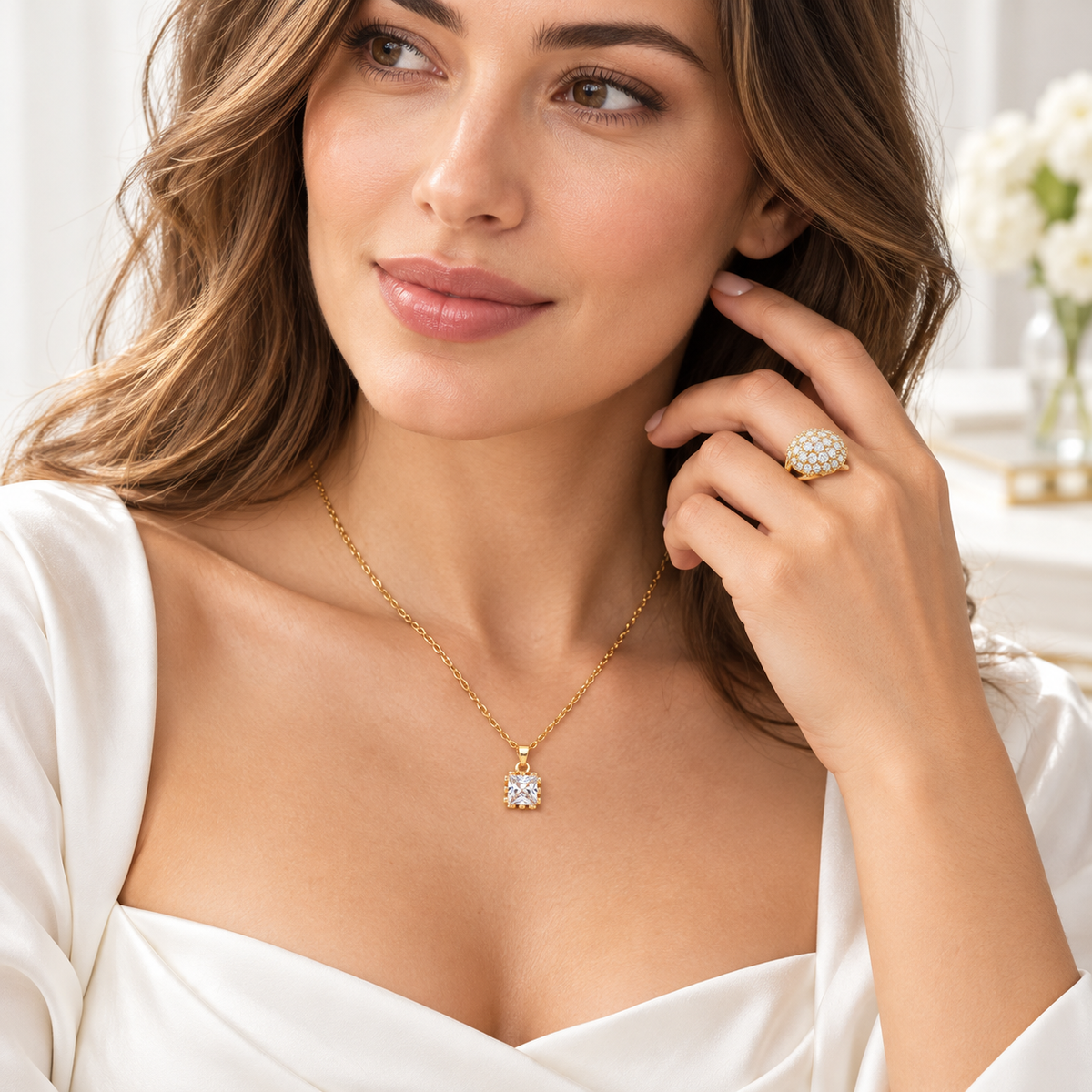 Princess Cut Square Pendant Necklace & Pavé Cluster Dome Ring Jewellery Set