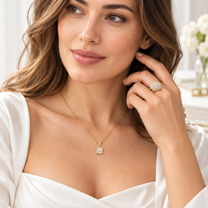 Princess Cut Square Pendant Necklace & Pavé Cluster Dome Ring Jewellery Set