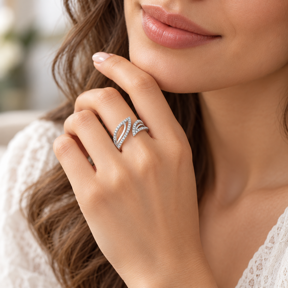 Sterling Silver Whisper Leaf C/Z Open Adjustable Ring