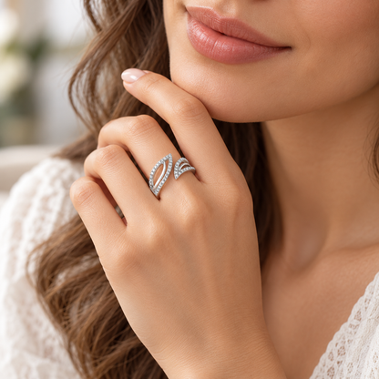 Sterling Silver Whisper Leaf C/Z Open Adjustable Ring