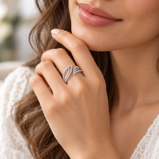 Sterling Silver Whisper Leaf C/Z Open Adjustable Ring