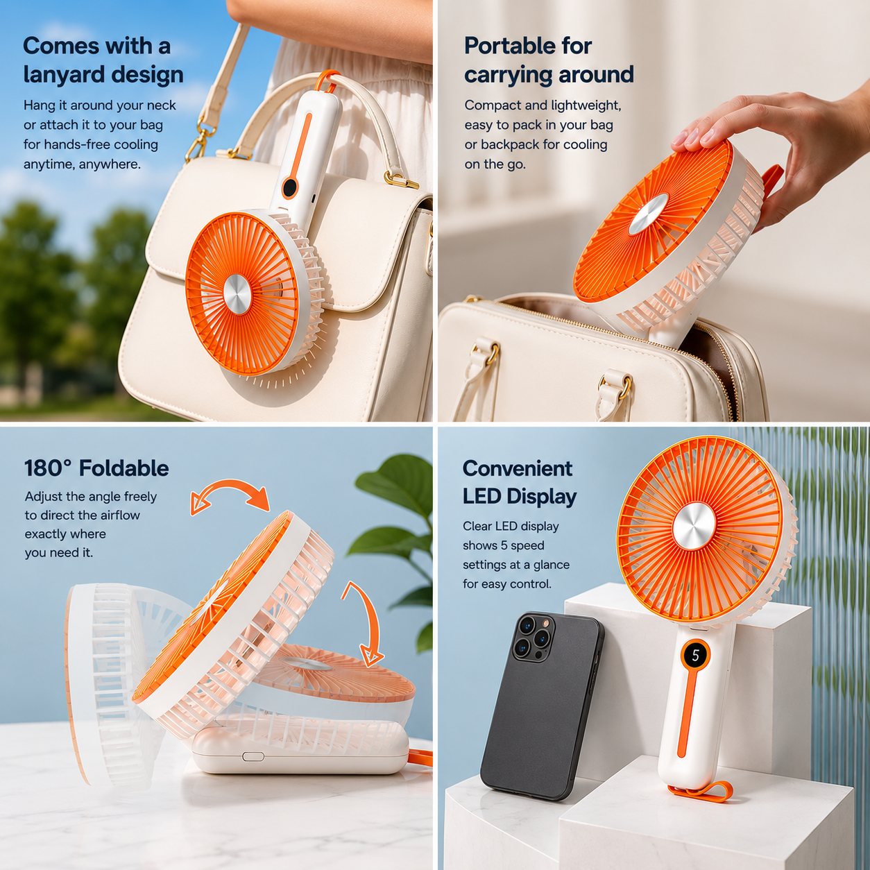 Rechargeable 6" Handheld Fan with LED Display 2400mAh USB Fan, 5 Speed Foldable Personal Cooling Fan with Lanyard