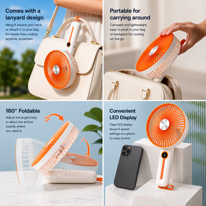 Rechargeable 6" Handheld Fan with LED Display 2400mAh USB Fan, 5 Speed Foldable Personal Cooling Fan with Lanyard