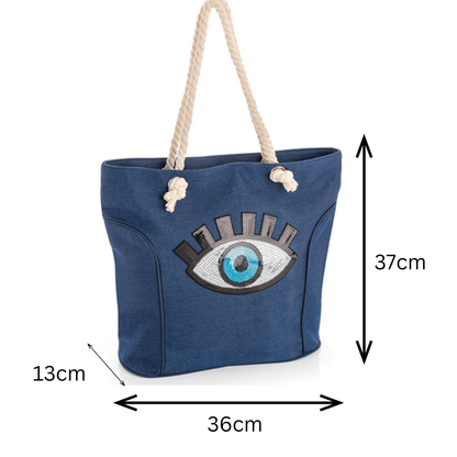 Premium Blue Canvas Tote Zip Bag with Eye Motif – Stylish Everyday Shoulder Bag