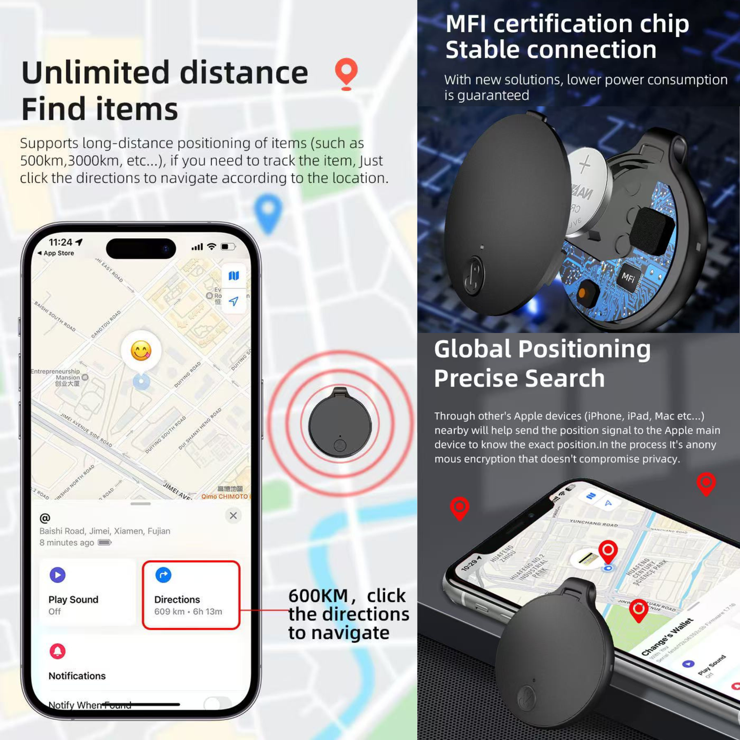 Global Positioning Bluetooth Tracker, Keys Finder, Item Locator for Pets, Bags and More, Compatible with Apple Find My (iOS)