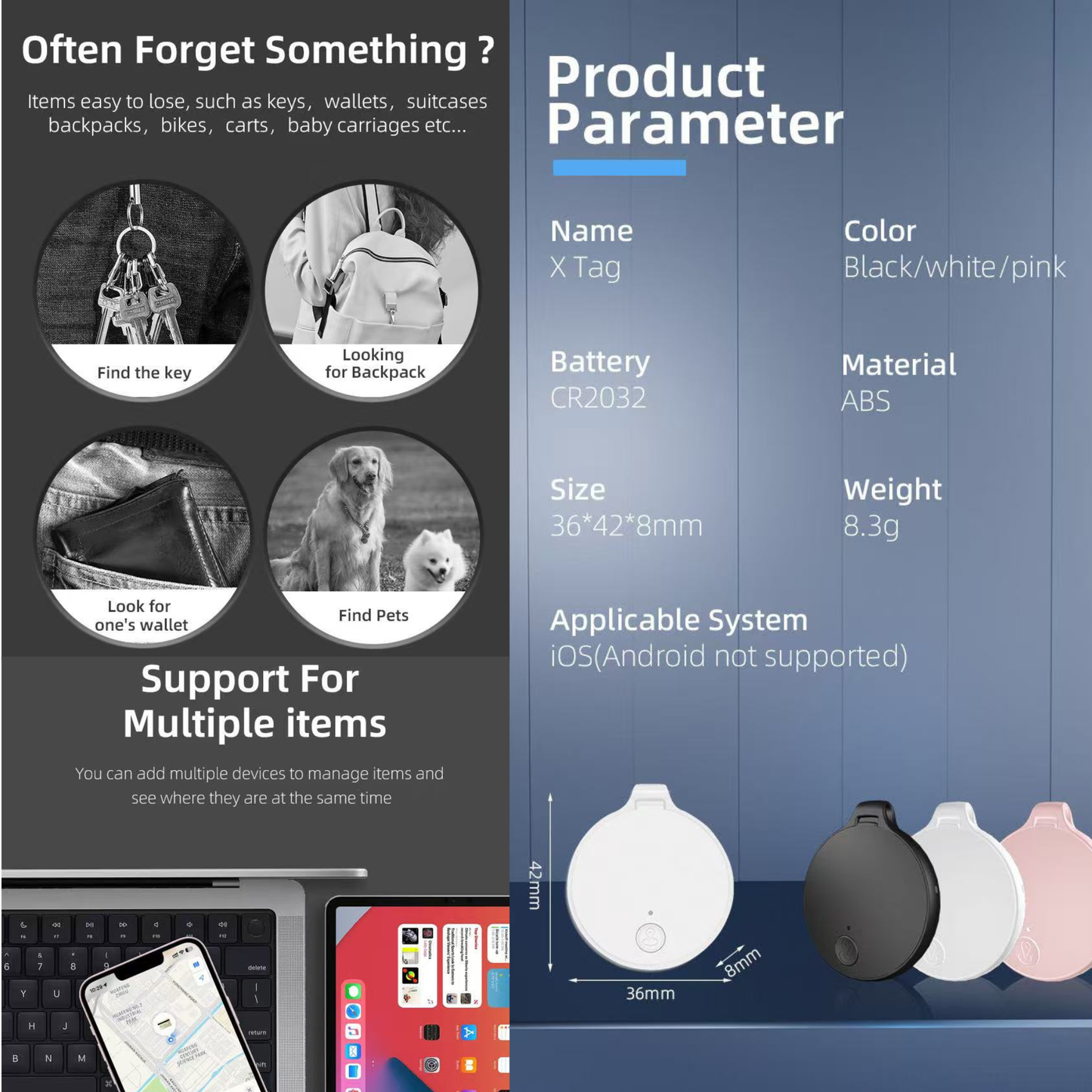 Global Positioning Bluetooth Tracker, Keys Finder, Item Locator for Pets, Bags and More, Compatible with Apple Find My (iOS)