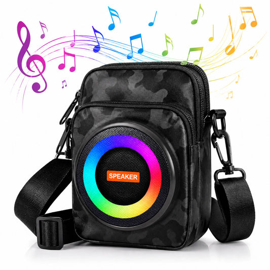 Portable Bluetooth Speaker Crossbody Bag with RGB Lights, Power Bank, FM Radio & USB/TF Player