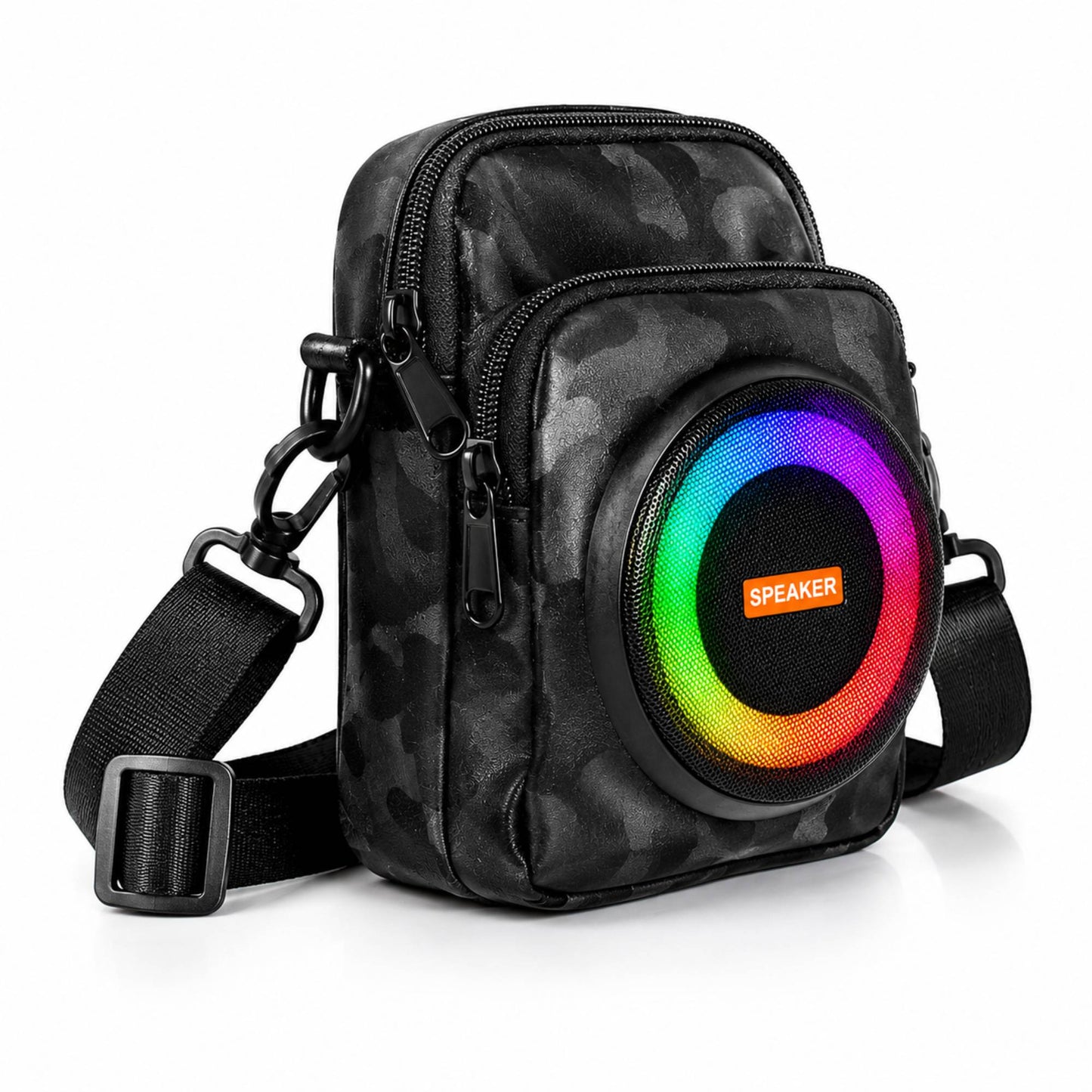 Portable Bluetooth Speaker Crossbody Bag with RGB Lights, Power Bank, FM Radio & USB/TF Player