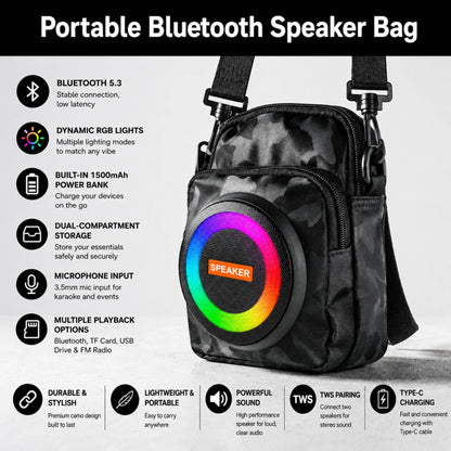 Portable Bluetooth Speaker Crossbody Bag with RGB Lights, Power Bank, FM Radio & USB/TF Player