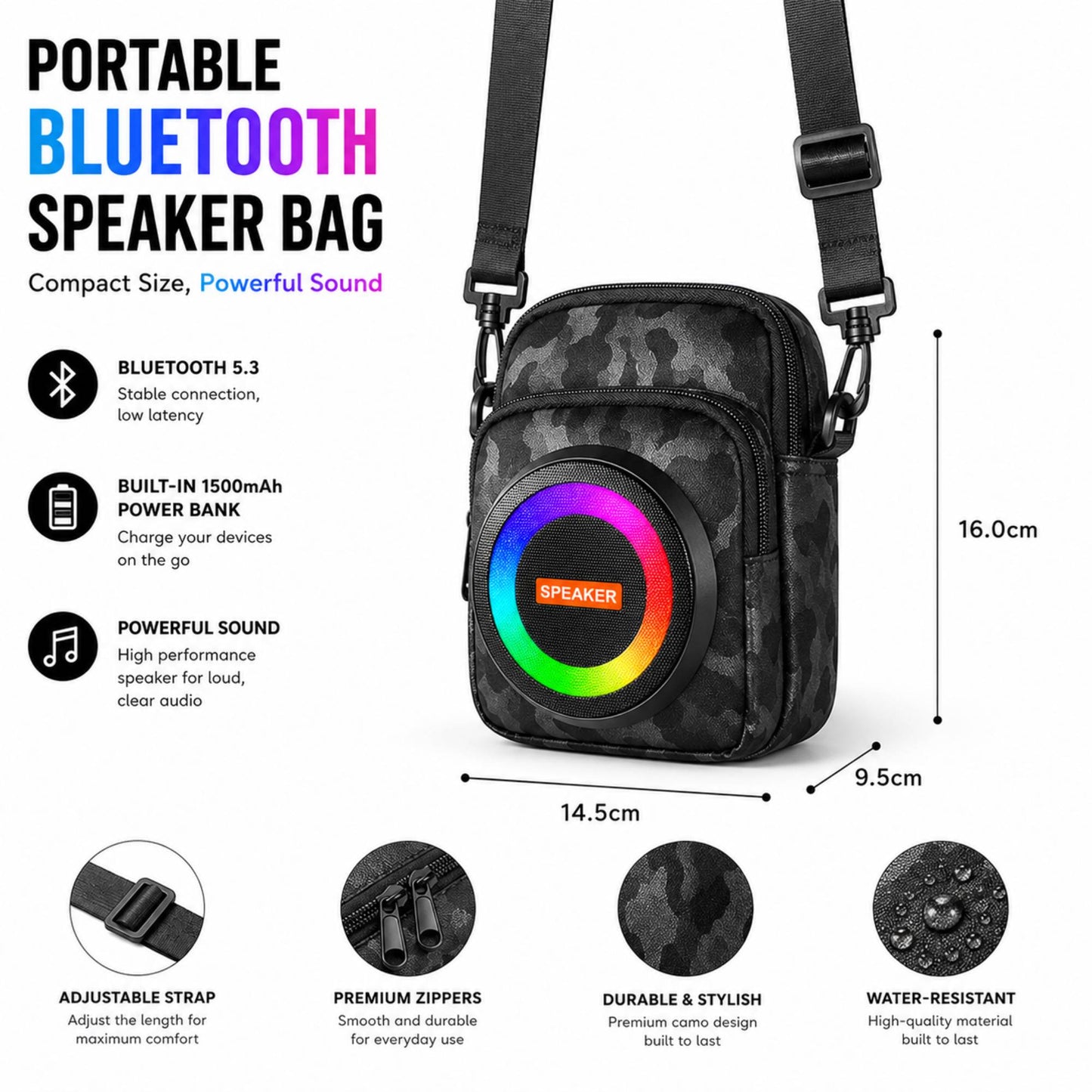 Portable Bluetooth Speaker Crossbody Bag with RGB Lights, Power Bank, FM Radio & USB/TF Player