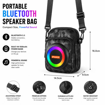 Portable Bluetooth Speaker Crossbody Bag with RGB Lights, Power Bank, FM Radio & USB/TF Player