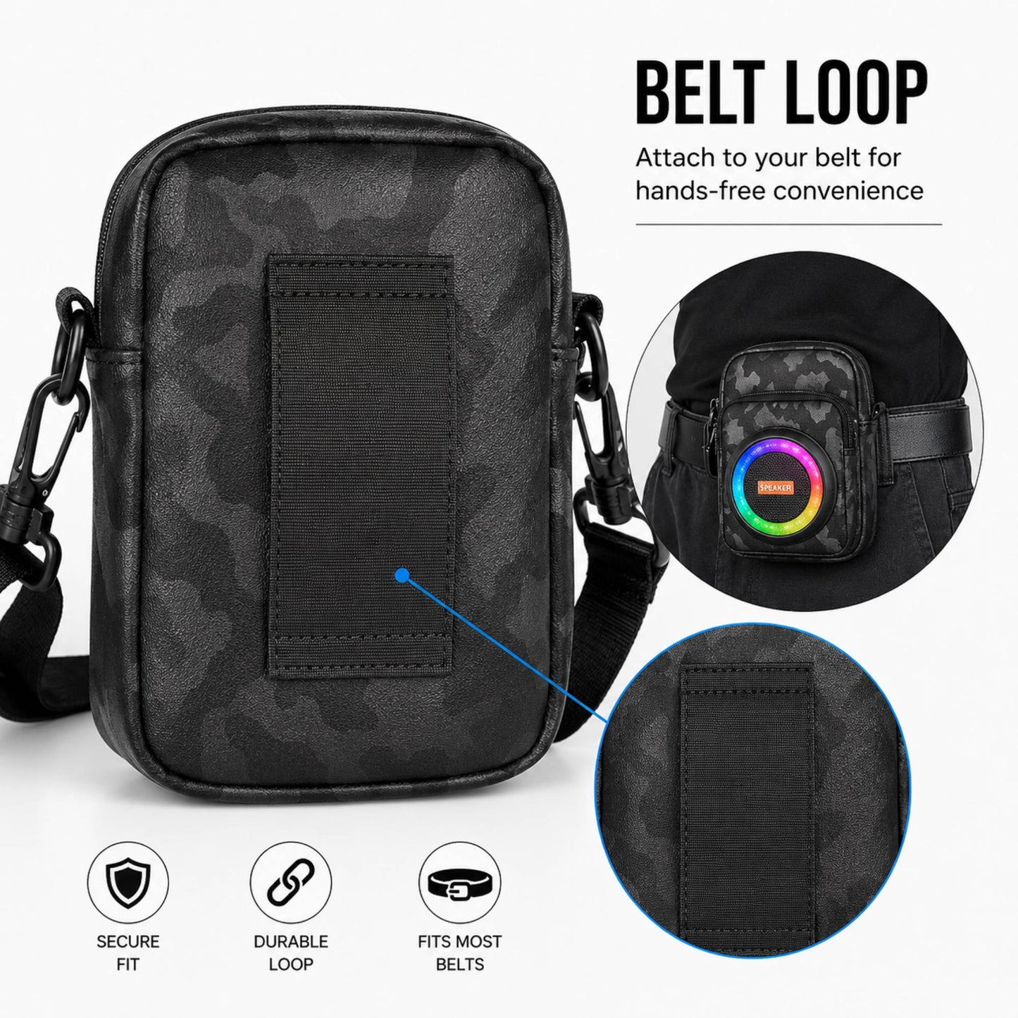 Portable Bluetooth Speaker Crossbody Bag with RGB Lights, Power Bank, FM Radio & USB/TF Player