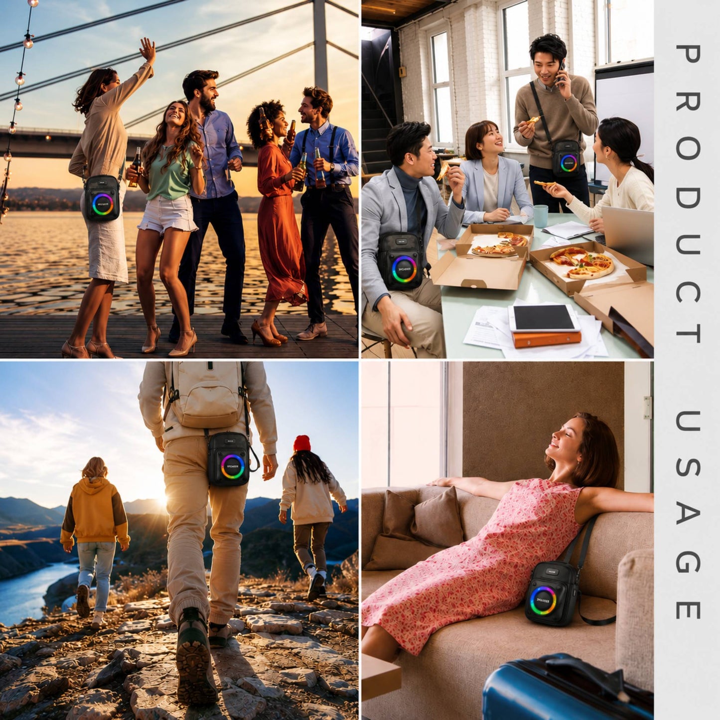 Portable Bluetooth Speaker Crossbody Bag with RGB Lights, Power Bank, FM Radio & USB/TF Player