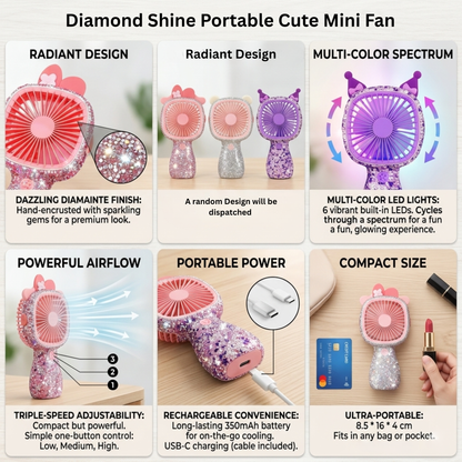 3-Speed Rechargeable Mini Fan with 6 LED Lights Sparkling Diamante Finish Portable Handheld Fan