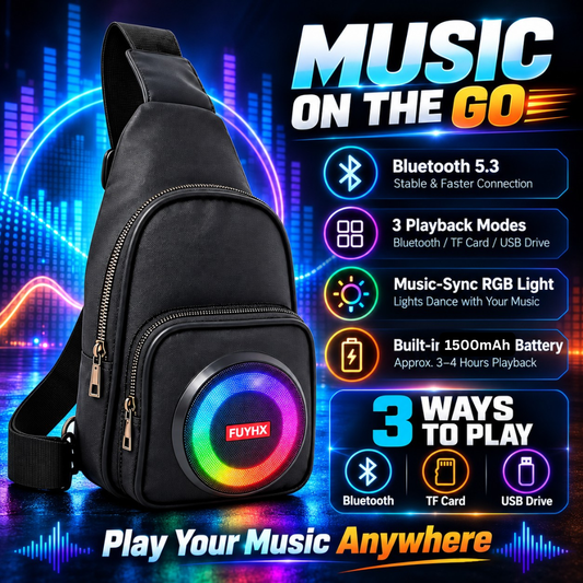 Portable Bluetooth Speaker Crossbody Sling Bag with RGB Lights, Power Bank, FM Radio & USB/TF Player