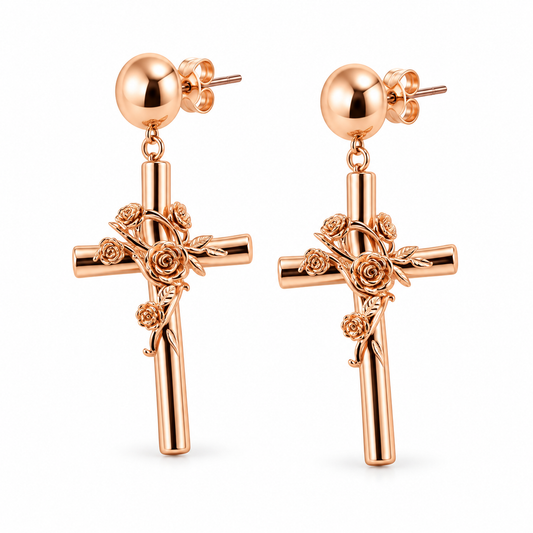 Rose Gold Tone Rose flower Cross drop earrings