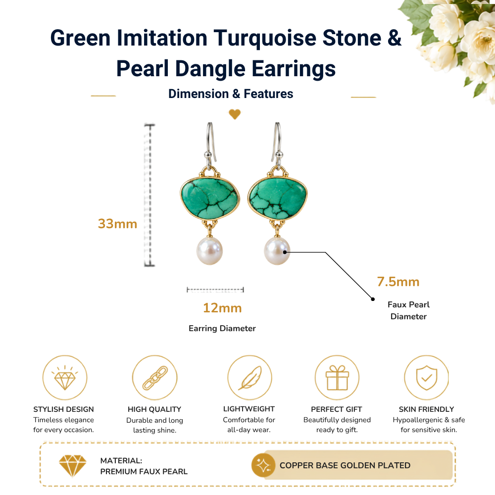 Retro Imitation green Jade gemstone Pearl Epoxy drop Earrings