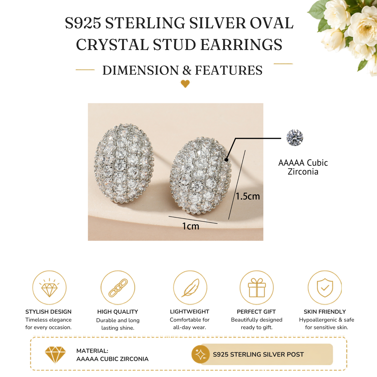 Sterling Silver S925 Post Oval Shaped Crystal Filled Earrings