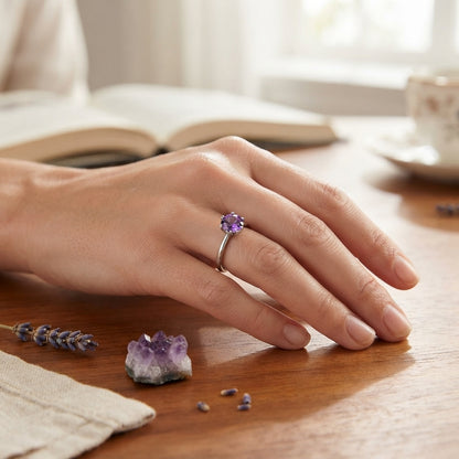 Elegant 9mm Purple Cubic Zirconia Solitaire Ring