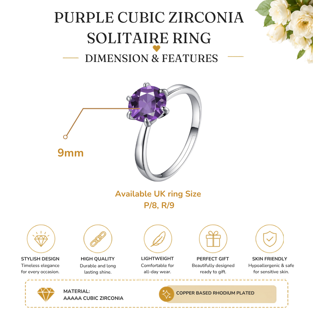 Elegant 9mm Purple Cubic Zirconia Solitaire Ring