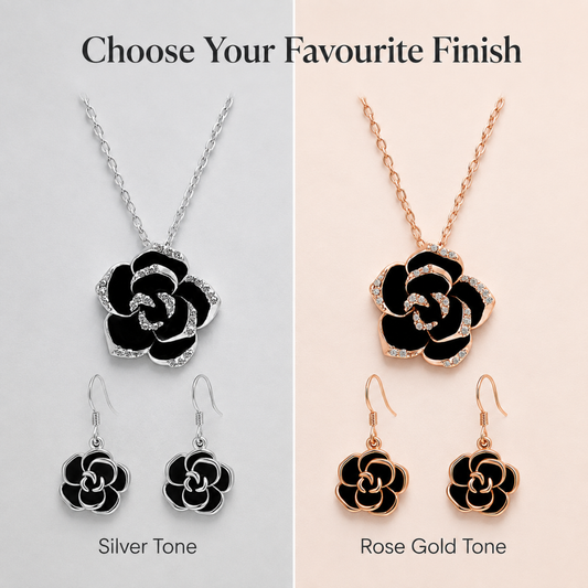 Crystal Black Rose Flower Petals Pendant Necklace And Earrings Set In Silver Tone or Rose Gold Tone