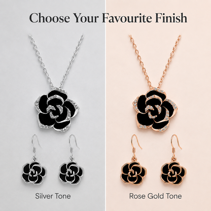 Crystal Black Rose Flower Petals Pendant Necklace And Earrings Set In Silver Tone or Rose Gold Tone