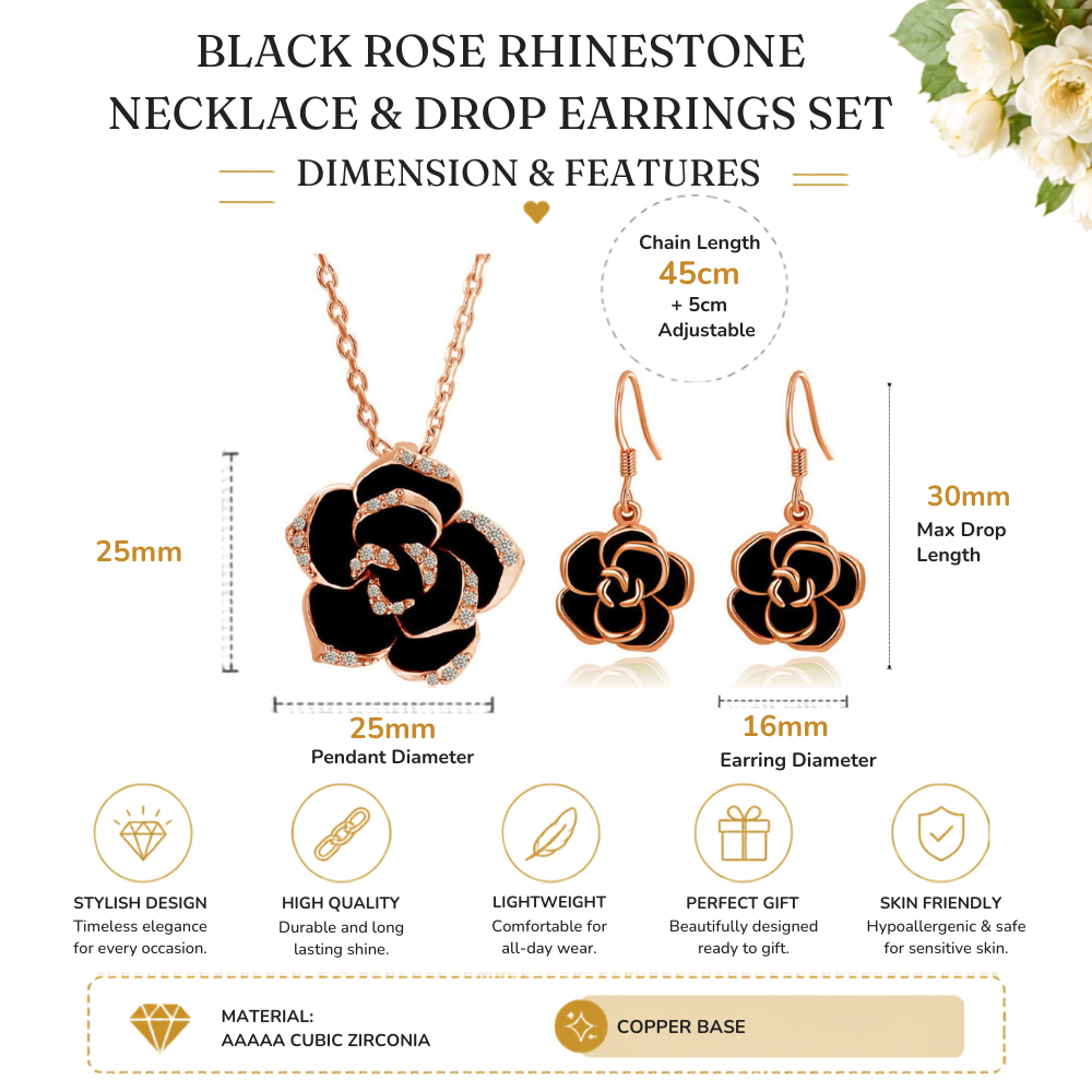 Crystal Black Rose Flower Petals Pendant Necklace And Earrings Set In Silver Tone or Rose Gold Tone