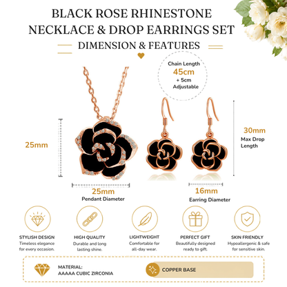 Crystal Black Rose Flower Petals Pendant Necklace And Earrings Set In Silver Tone or Rose Gold Tone