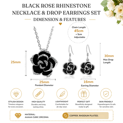 Crystal Black Rose Flower Petals Pendant Necklace And Earrings Set In Silver Tone or Rose Gold Tone