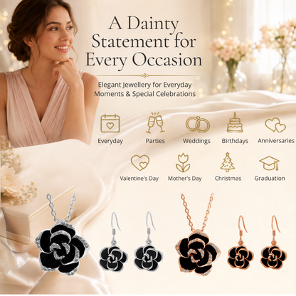 Crystal Black Rose Flower Petals Pendant Necklace And Earrings Set In Silver Tone or Rose Gold Tone
