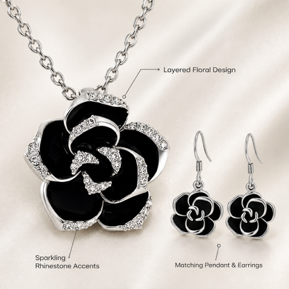 Crystal Black Rose Flower Petals Pendant Necklace And Earrings Set In Silver Tone or Rose Gold Tone