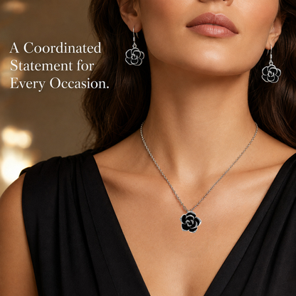 Crystal Black Rose Flower Petals Pendant Necklace And Earrings Set In Silver Tone or Rose Gold Tone