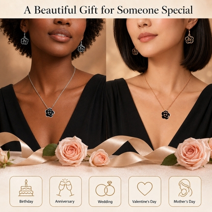 Crystal Black Rose Flower Petals Pendant Necklace And Earrings Set In Silver Tone or Rose Gold Tone
