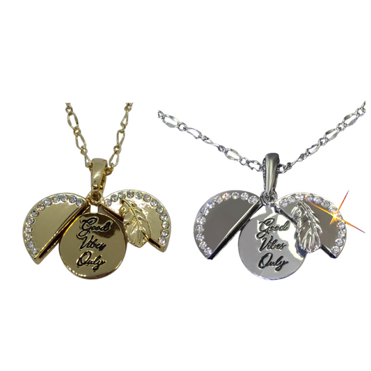 Crystal Round Feather Open Pendant Necklace with Message – Gold or Silver